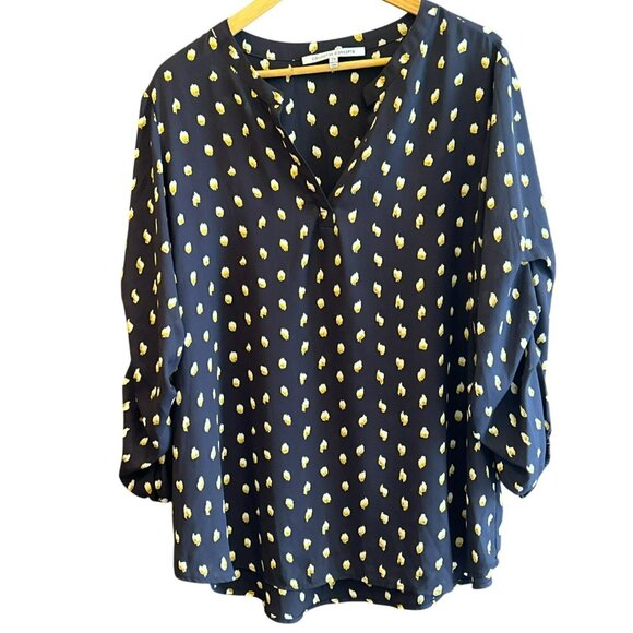 Collective Concepts Women's Blue Yellow Printed Ruched Sleeve Blouse Size 2X - Picture 1 of 7